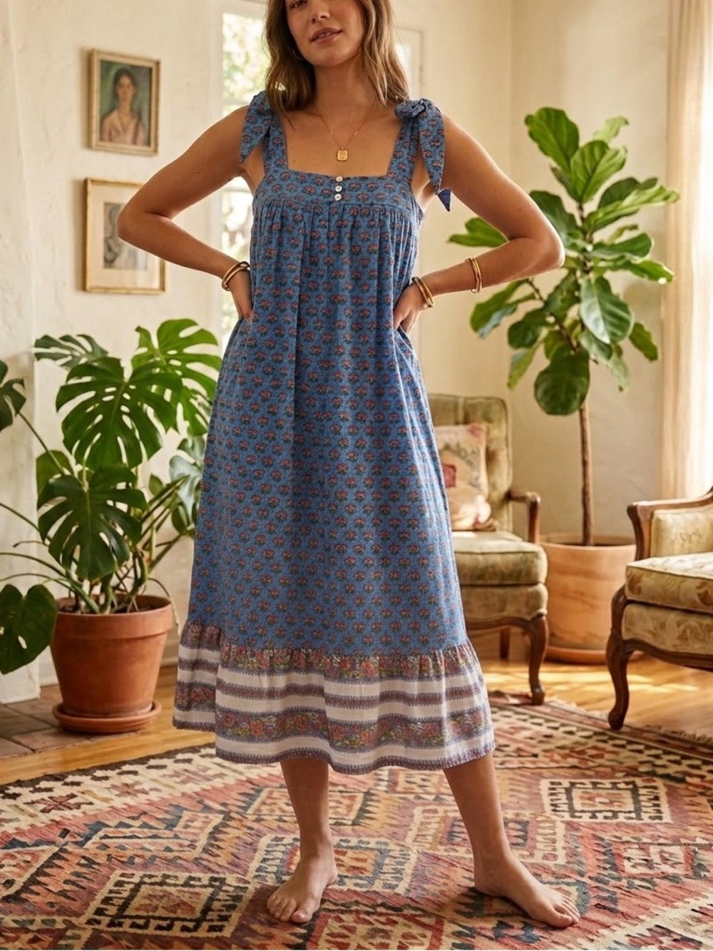 Cleobella Blue Floral Print 100% Cotton Tie-Shoulder Midi Dress Womens Size XS